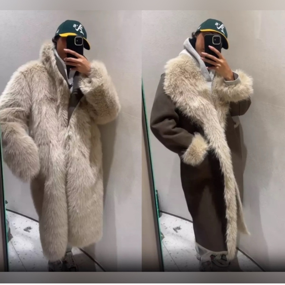 Zara double faces reversible Brown and Cream Faux Fur Coat